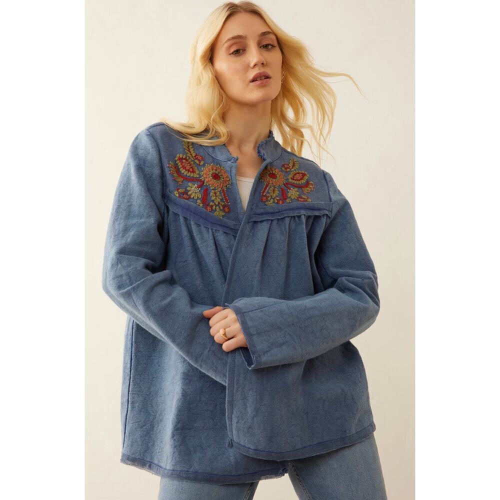 NWT Boutique Boho Floral Embroidered Blue Open front Jacket by Bohera